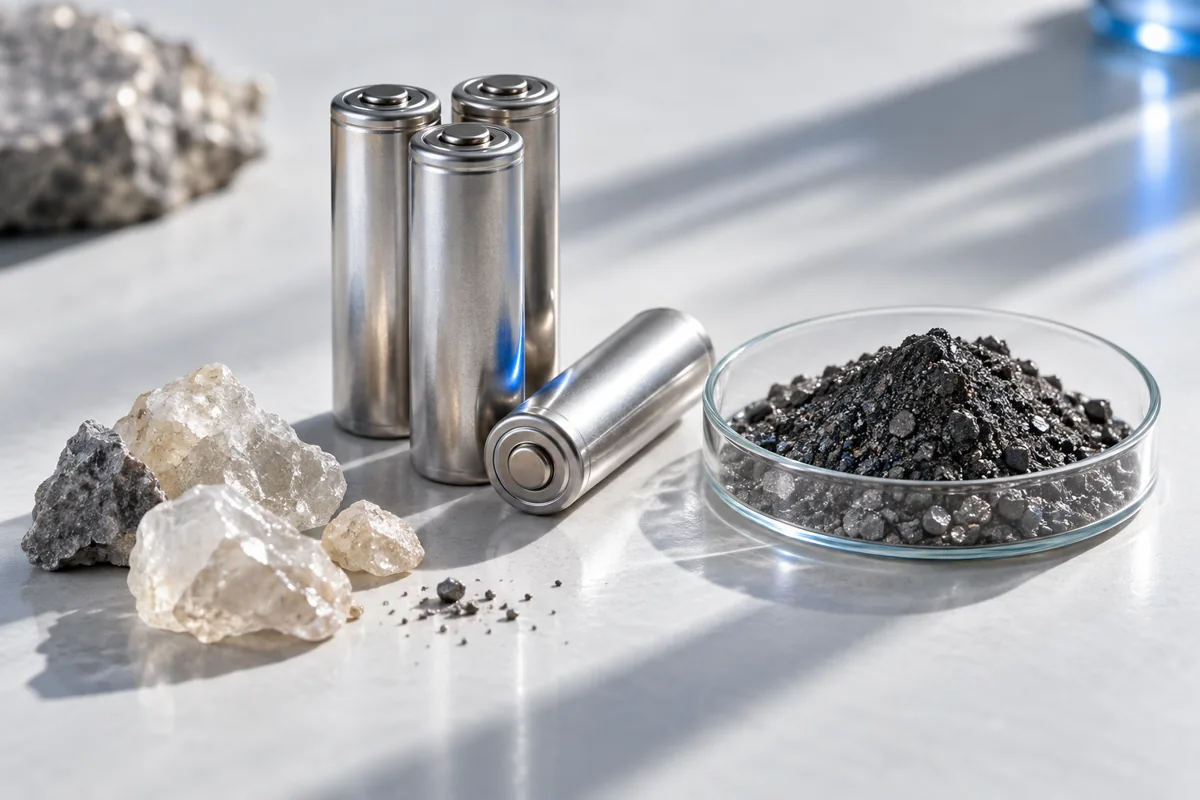 AI editorial illustration of battery cells and recovered-material samples