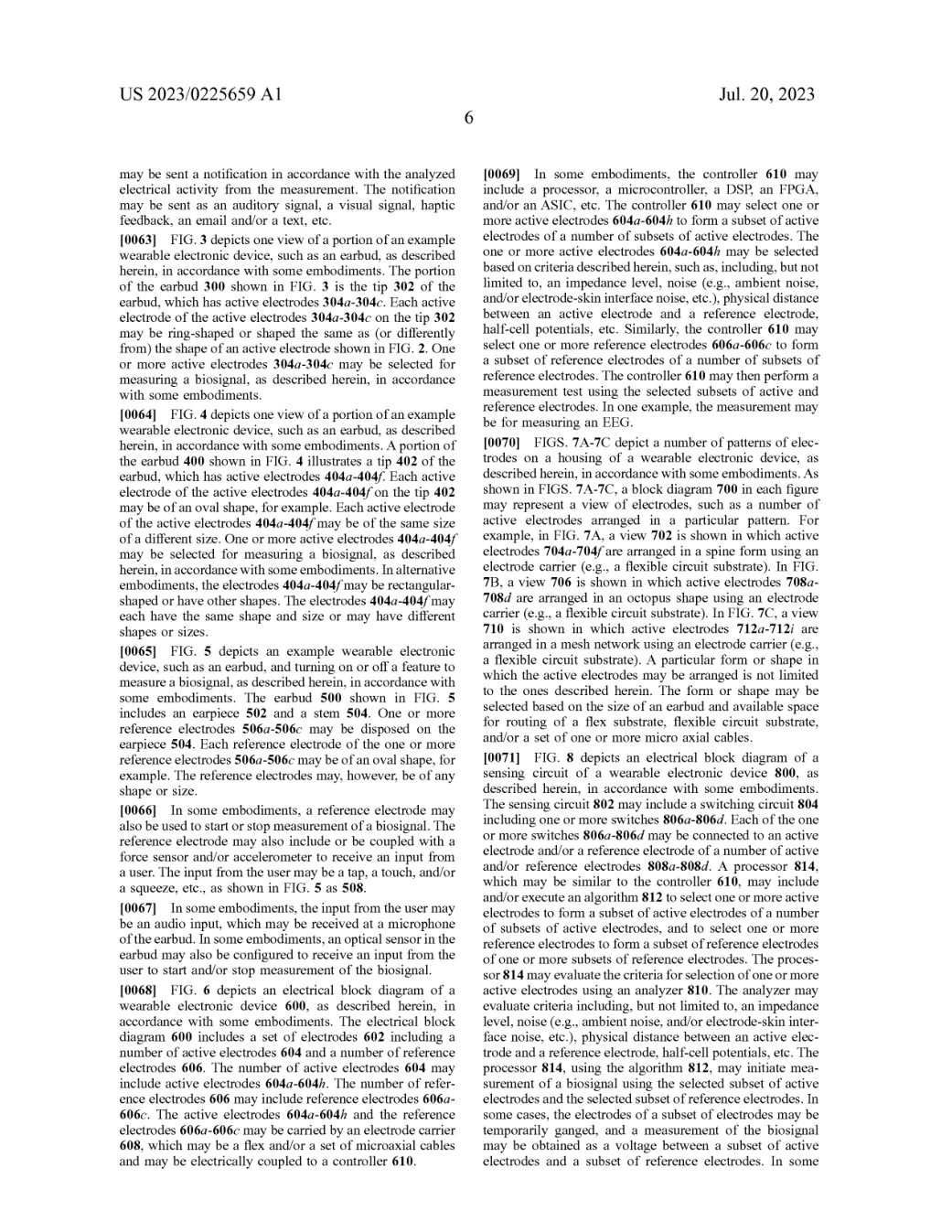 Preserved original patent page 21, with paragraphs 0068 and 0069 describing electrode selection and an EEG measurement example.